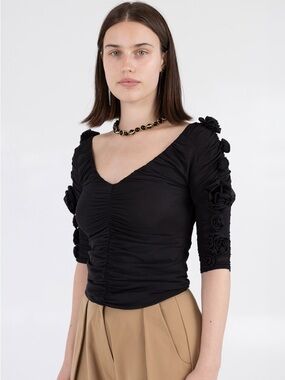 Black Ruched 3-D Rose Sleeve Women's Top